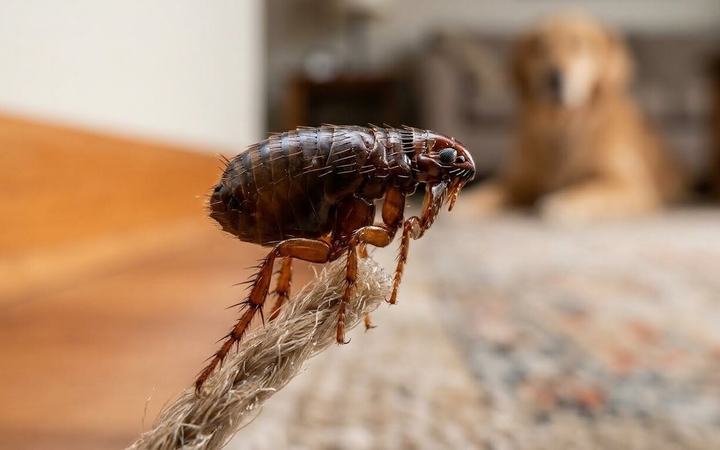 Enlarged side view of a flea on a fibre with a dog in the background