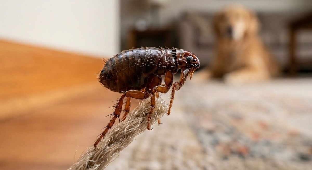 Enlarged side view of a flea on a fibre with a dog in the background