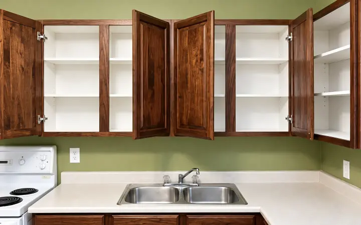 Open, empty kitchen cabinets above a clear countertop and sink, ready for a cockroach inspection