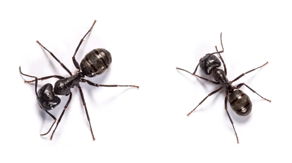Illustration of two black carpenter ants viewed from above on a light background