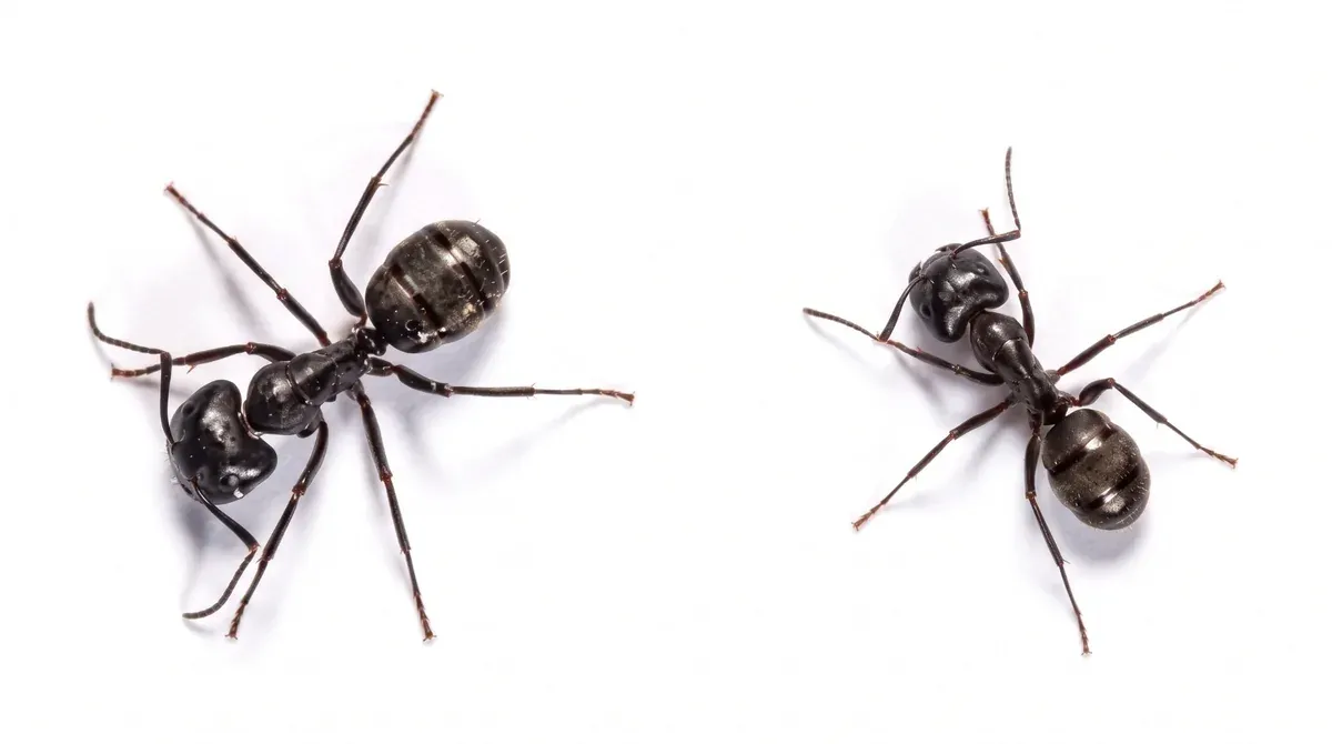 Illustration of two black carpenter ants viewed from above on a light background