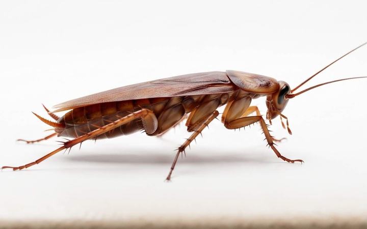 Side view of a reddish-brown cockroach on a white surface