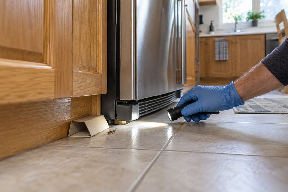 A gloved hand using a flashlight to inspect a kitchen floor beside a refrigerator and cockroach monitoring trap